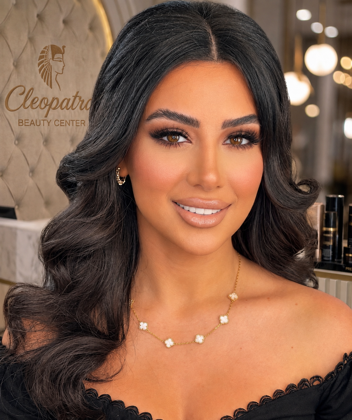 High-glamour bridal makeup and elegant voluminous hair waves transformation by Cleopatra Beauty Center in Sterling Heights, Michigan.